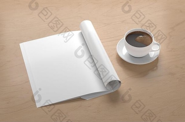 空白垂直左杂志页面工作空间折叠杂志模拟木桌子上杯咖啡一边视图插图