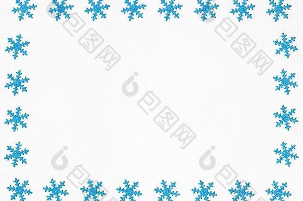 圣诞节边境蓝色的雪花白色背景空间文本前视图平躺复制空间问候卡冬天概念