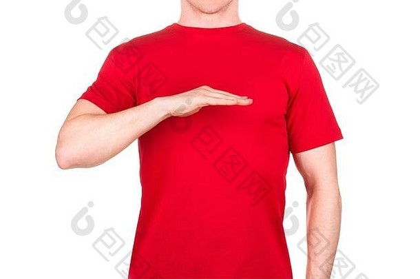 男人。<strong>红色</strong>的t恤显示高度手势孤立的白色背景