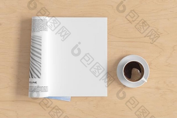 空白杂志页面工作空间杂志模拟木桌子上杯咖啡直接视图插图