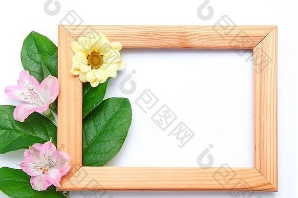 水平木框架装饰粉红色的黄色的花绿色叶子白色背景概念春天布局congr