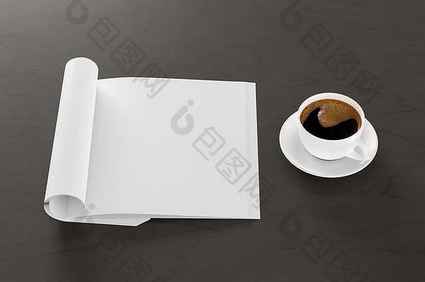 空白广场杂志页面工作空间折叠杂志模拟黑色的桌子上杯咖啡一边视图插图