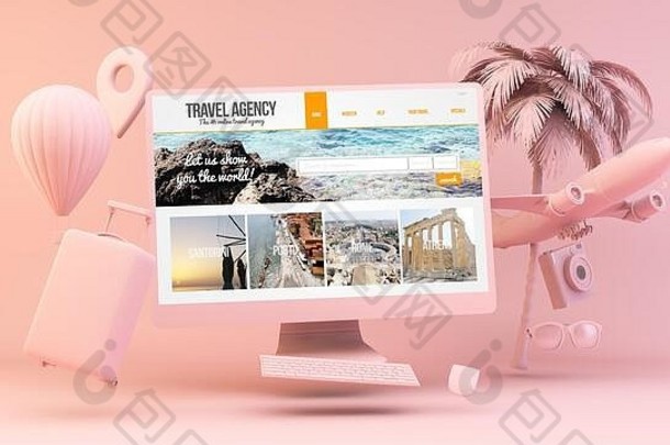 最小的粉红色的电脑旅行机构屏幕呈现