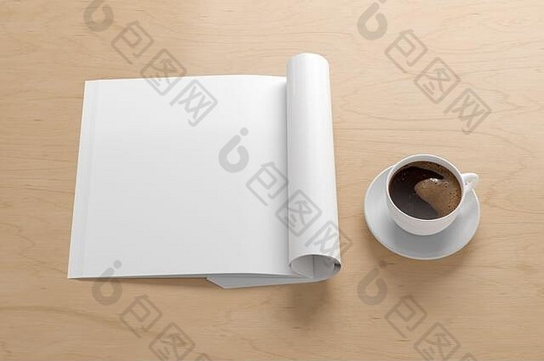 空白广场左杂志页面工作空间折叠杂志模拟木桌子上杯咖啡一边视图插图