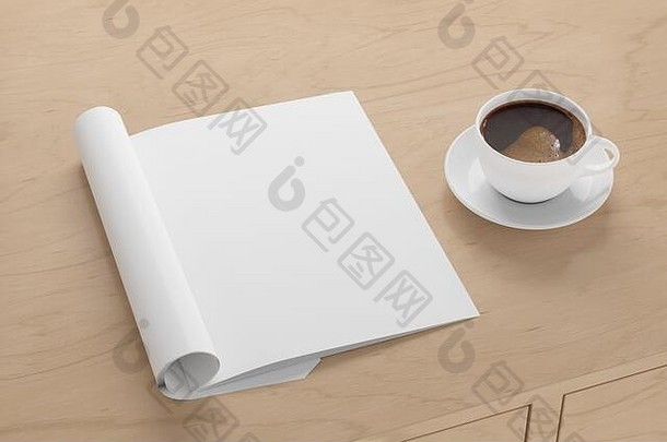 空白垂直杂志页面工作空间折叠杂志模拟木桌子上杯咖啡一边视图插图