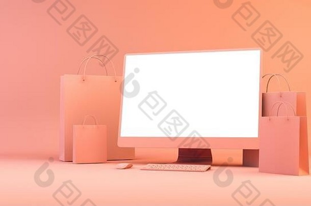 粉红色的橙色电脑购物袋呈现