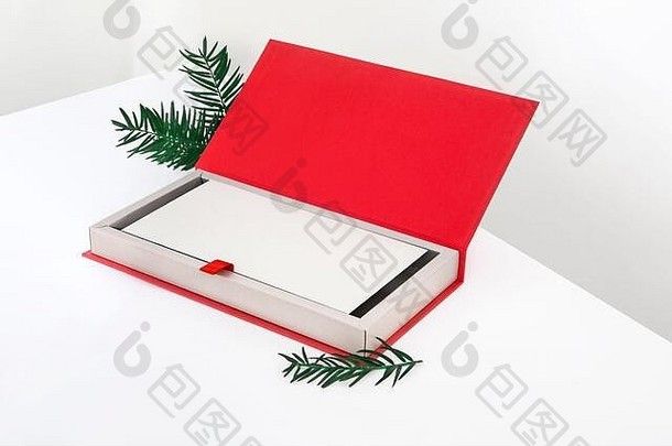 开放红色的圣诞节盒子礼物giftcards松叶子白色背景