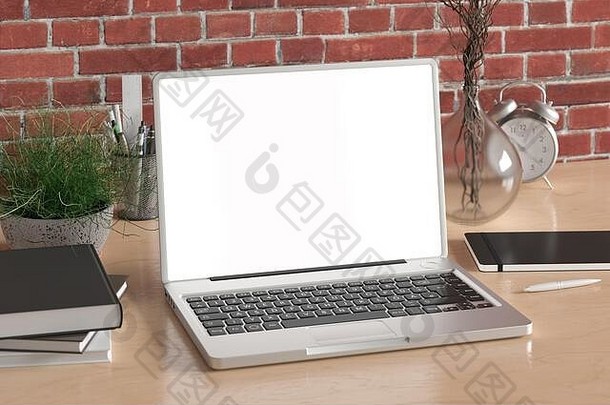 工作空间空白移动PC监控白色屏幕模拟木桌子上红色的砖墙插图