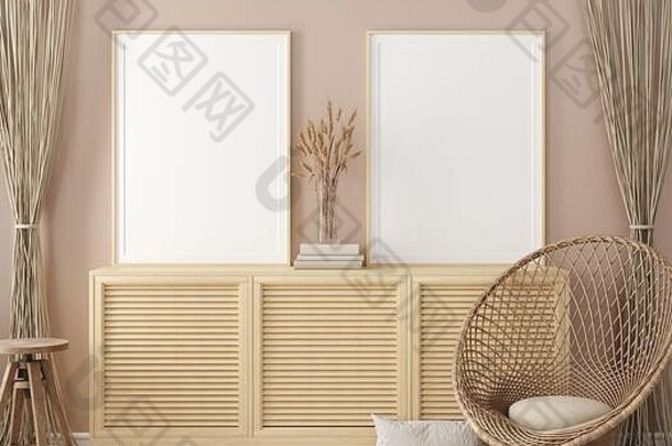 模拟框架首页室内背景温暖的米色房间自然木家具斯堪的那维亚风格渲染