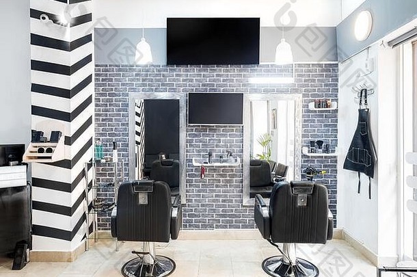 现代明亮的美沙龙头发沙龙室内业务工业最小的黑色的白色装饰镜子椅子屏幕