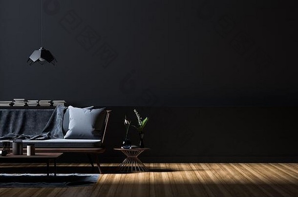 空墙模拟现代风格室内木家具极简主义室内设计插图