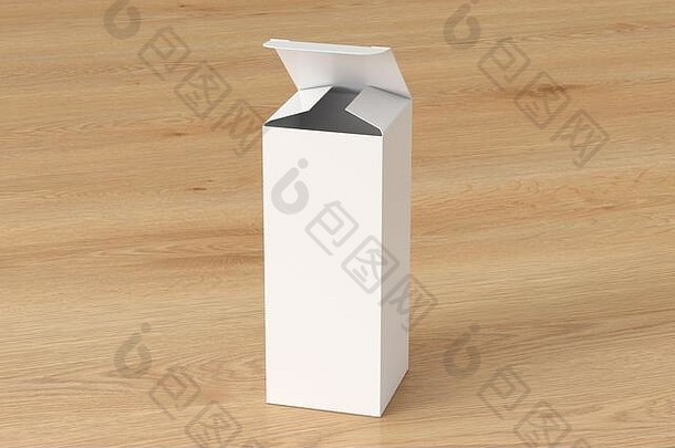 空白白色高苗条的礼物盒子打开铰链皮瓣成员木背景剪裁路径盒子模拟插图