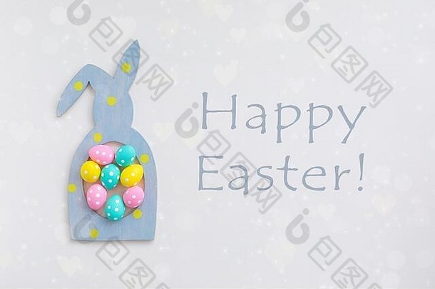 作文复活节兔子兔子框架色彩斑斓的波尔卡点鸡蛋平躺快乐复活节出售问候概念明信片复制空间