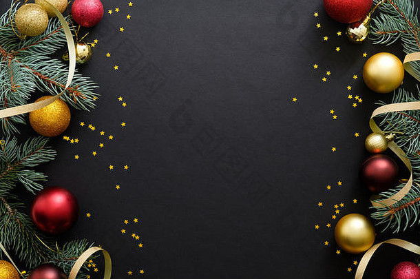 黑色的圣诞节背景节日装饰装饰物冷杉树分支机构五彩纸屑圣诞节假期庆祝活动冬天一年概念