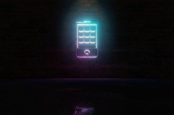 呈现蓝色的紫罗兰色的霓虹灯象征智能手机菜单屏幕黑暗砖墙背景湿模糊反射