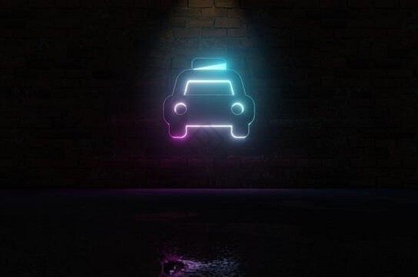 呈现蓝色的紫罗兰色的<strong>霓虹灯</strong>象征出租车前面视图黑暗砖墙背景湿模糊反射
