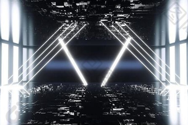 三角形形状的激光霓虹灯形状的行发光的示意图主板芯片纹理外星人宇宙飞船网络虚拟现实呈现插图