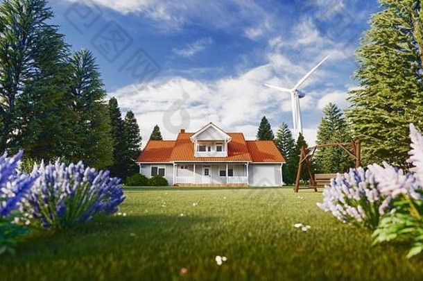 美丽的房子自然风turbins概念可持续发展的资源呈现