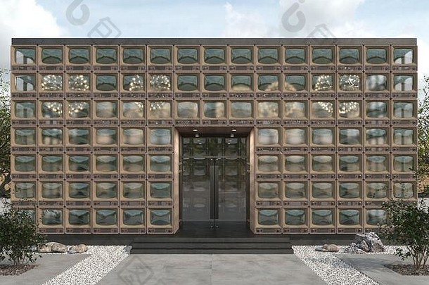 现代建筑矩形形状有创意的外观复古的窗户屏幕复制空间呈现