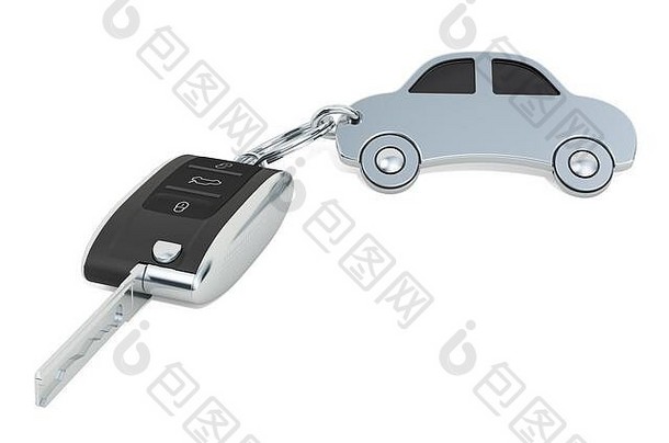 车关键车形状金属钥匙链呈现孤立的白色背景