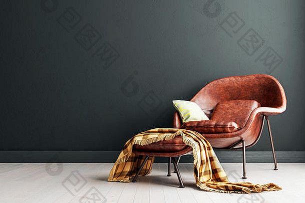 生活房间黑暗灰色室内墙模拟白兰地棕色（的）彩色的皮革扶手椅腿休息空灰色墙免费的空间左