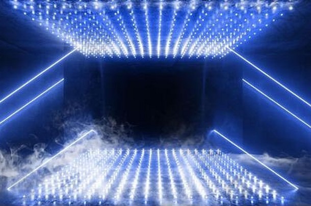 霓虹灯sci未来主义的潘通色卡点蓝色的激光网络虚拟混凝土烟雾车库展示地下俱乐部走廊隧道呈现插图