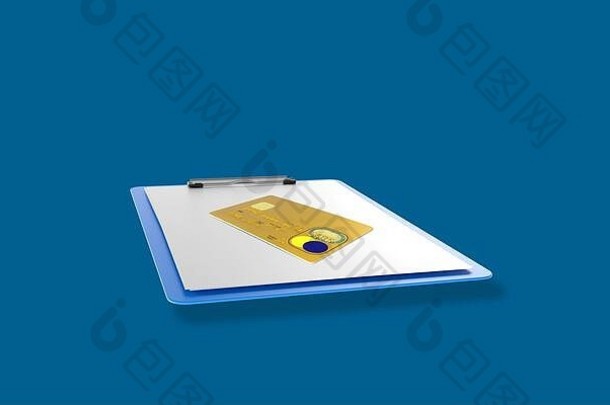 信贷卡剪贴板白色论文蓝色的背景高决议图像设计作物呈现