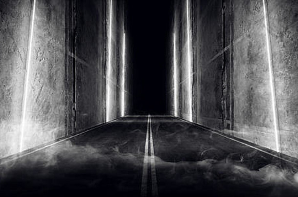 雾蒸汽沥青路标记霓虹灯激光白色发光的行混凝土难看的东西隧道地下车库走廊黑暗晚上呈现伊鲁