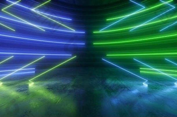 未来主义的sci背景霓虹灯发光的绿色<strong>蓝色</strong>的梁荧光椭圆形房间车库讲台上阶段混凝土大厅现代呈现插图