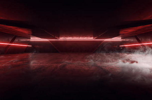 烟雾蒸汽激光行霓虹灯红色的发光的混凝土水泥墙地板上车库阶段地下黑暗晚上呈现插图
