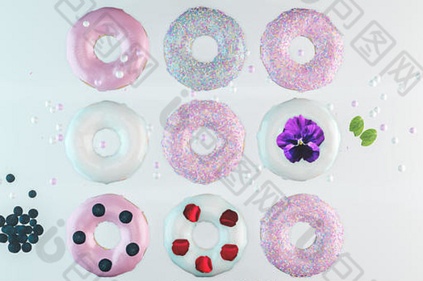 色彩斑斓的甜甜圈各种各样的甜甜圈巧克力磨砂粉红色的上釉洒甜甜圈
