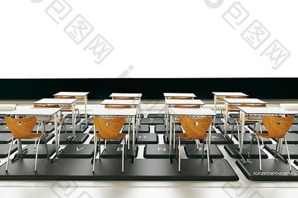在线教育教室现代椅子桌子上电脑键盘现实的呈现