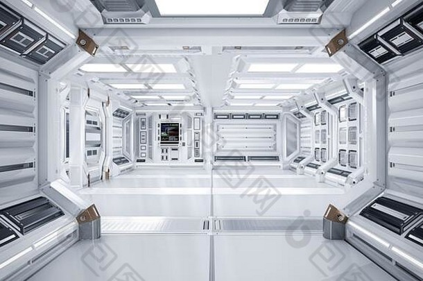 未来主义的体系结构科幻走廊走廊室内呈现