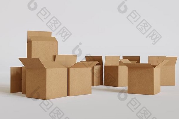 集纸板移动盒子工作室白色背景Copyspace极简主义概念呈现