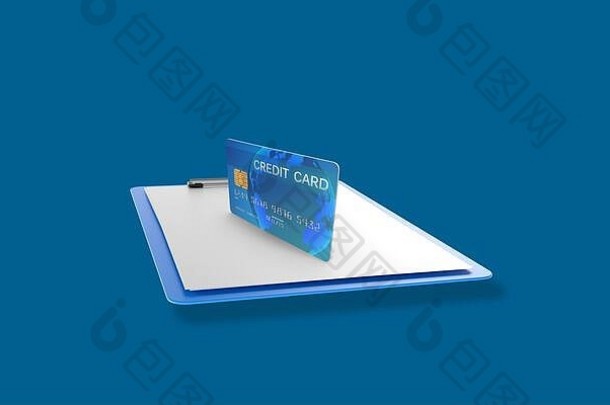 信贷卡剪贴板白色论文蓝色的背景高决议图像设计作物呈现