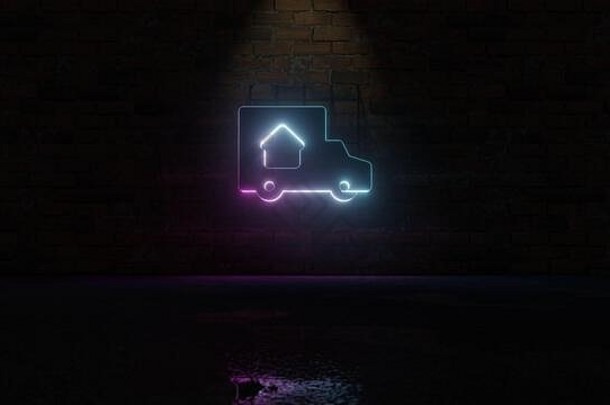 呈现蓝色的紫罗兰色的霓虹灯象征卡车箭头内部黑暗砖墙背景湿模糊反射
