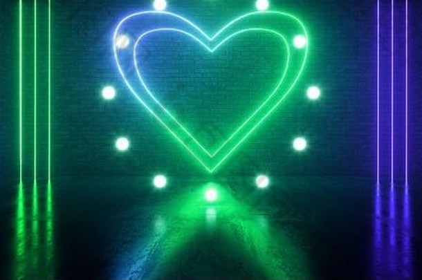 霓虹灯发光的sci未来绿色蓝色的情人节心形状砖墙俱乐部跳舞晚上隧道走廊仓库车库网络虚拟呈现