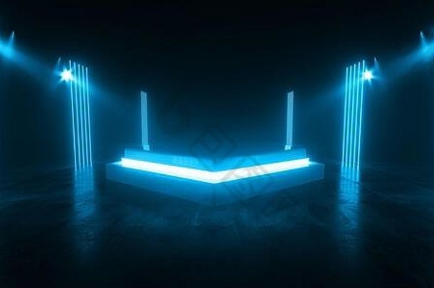 霓虹灯发光的sci三角形激光梁蓝色的灯发光的阶段讲台上网络展示房间车库黑暗混凝土反光呈现树脂