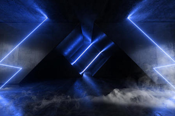 烟雾三角形外星人混凝土难看的东西sci未来主义的蓝色的发光的霓虹灯激光光空空间大厅车库地下呈现树脂