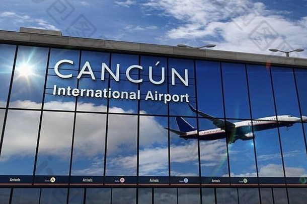 飞机飞机着陆坎昆墨西哥呈现插图到来城市玻璃机场终端反射飞机之间