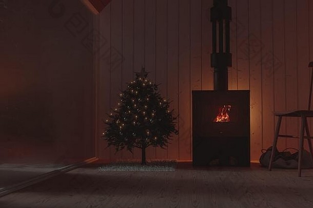 呈现木的小木屋舒适的壁炉圣诞节树冻窗口