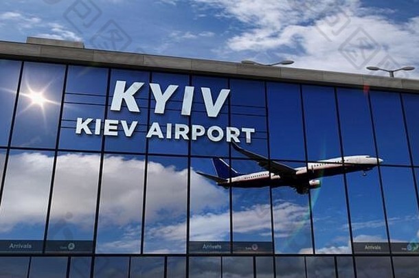 飞机飞机着陆基辅乌克兰呈现插图到来城市玻璃<strong>机场</strong>终端反射飞机特拉夫