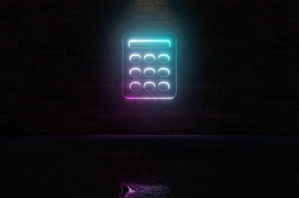 呈现蓝色的紫罗兰色的霓虹灯象征计算器圆形的按钮黑暗砖墙背景湿模糊反射