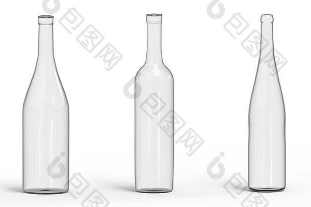 呈现空透明的酒瓶玻璃剪裁路径孤立的白色背景