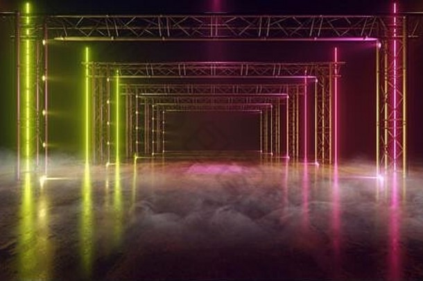 烟霓虹灯激光网络未来主义的sci紫色的粉红色的发光的灯行建设阶段隧道走廊虚拟现实俱乐部跳舞呈现