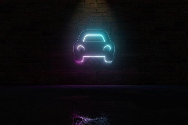 呈现蓝色的紫罗兰色的霓虹灯象征体育车前面视图黑暗砖墙背景湿模糊反射
