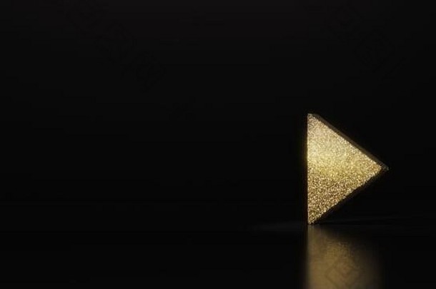黄金闪闪发光的象征三角形玩按钮呈现黑暗黑色的背景模糊反射闪光