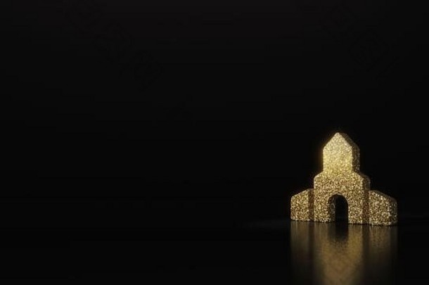 黄金闪闪发光的象征修道院建筑呈现黑暗黑色的背景模糊反射闪光
