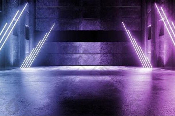 sci霓虹灯发光的紫色的蓝色的柱子弧车库机库难看的东西混凝土阶段展示工作室俱乐部跳舞地板上未来主义的外星人宇宙飞船渲染