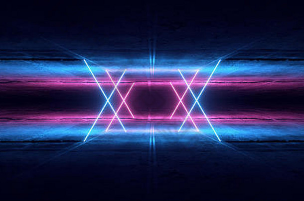 沥青路sci未来主义的霓虹灯发光的激光显示隧道走廊地下车库仓库三角形形状紫色的蓝色的呈现插图